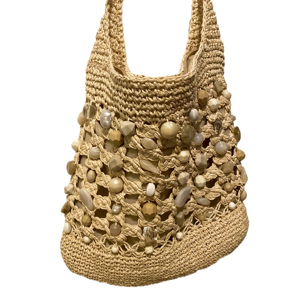 EUC FIND! CAPELLI STRAWORLD WOVEN SHOULDER BEACH TOTE CROCHET MARBLE STONE BEADS